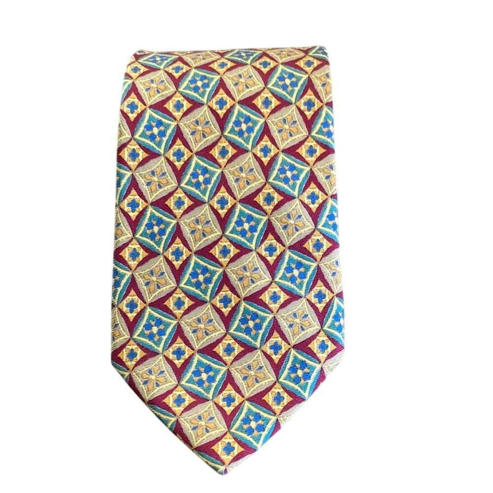 Brooks Brothers Makers Mens Geometric Patterned Silk Tie Gold Burgundy‎ 60"